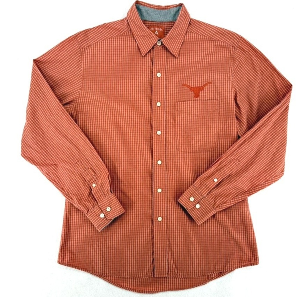 Antigua Mens Texas Longhorns Burnt Orange Plaid Button Down Shirt Large